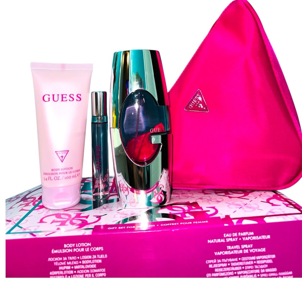GUESS Pink Fragrance Gift Set Perfume Lotion Travel Spray Bag NEW